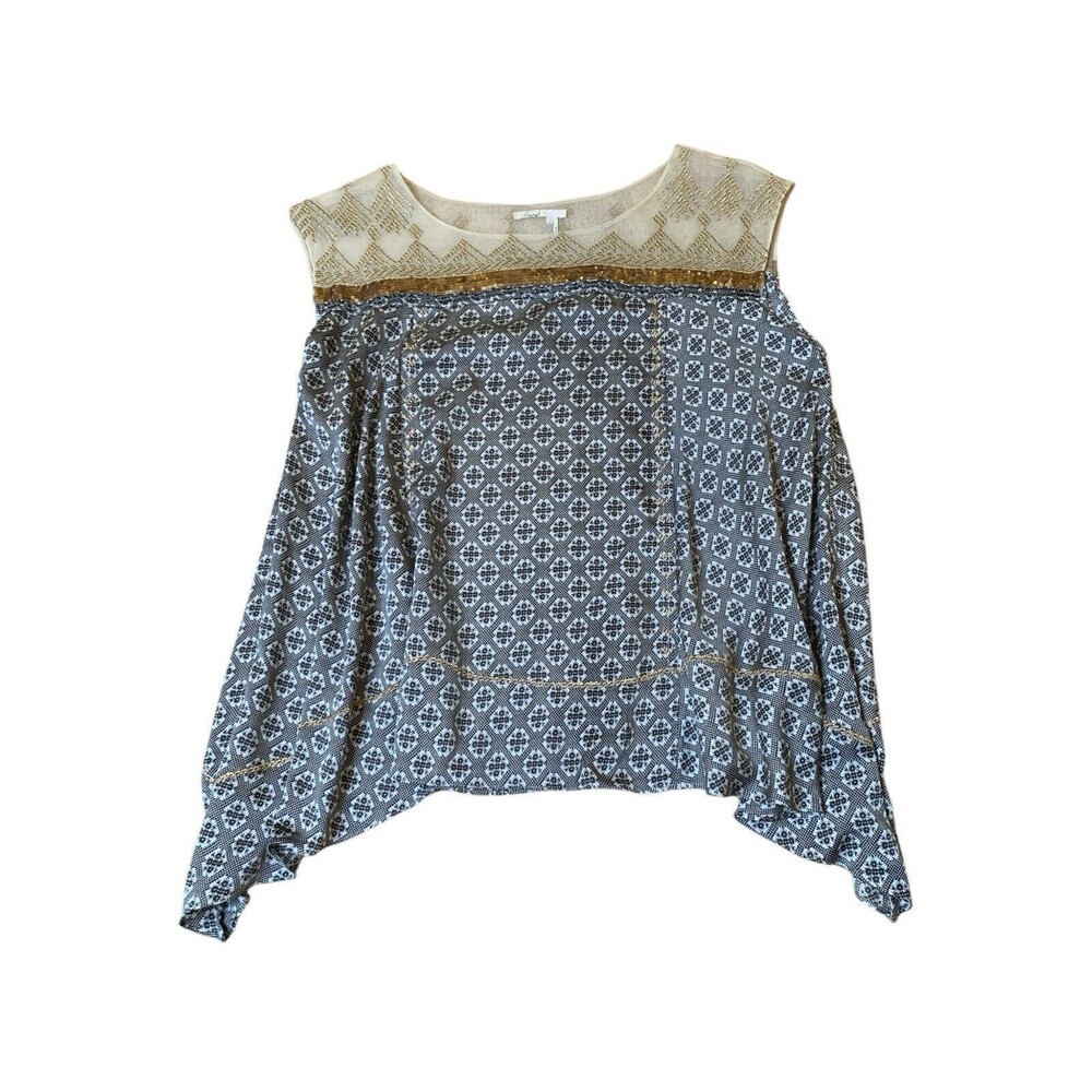 Floreat by Anthropologie Dressy Embroidered Blouse Black/Gold Mesh/Sequins M EUC